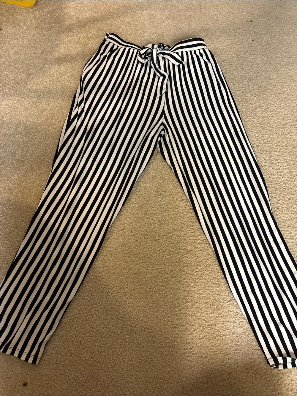 AnyBody Black and White Vertical Stripe Drawstring Pants